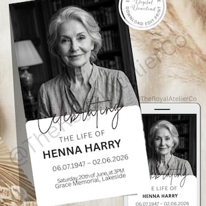 May include: A black and white memorial service invitation template featuring a portrait of an older person, with the text Celebrating The Life Of Henna Harry, dates 06.07.1947 - 02.06.2026, Saturday, 20th of June, at 3PM, Grace Memorial, Lakeside.