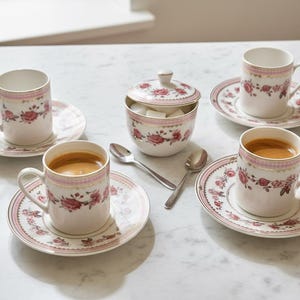 May include: A set of four white porcelain coffee cups and saucers with a pink rose floral pattern and a matching lidded sugar bowl filled with sugar cubes. Two small silver spoons are placed between the cups on the white marble surface.