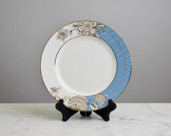 Gracie Bone China - Blue Stripe Botanical Salad Plate | Gold Trim | 8.25" | Coastline Imports