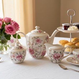 Può includere: Un servizio da tè in porcellana bianca con un delicato motivo floreale di rose rosa e bordo dorato, che include teiera, zuccheriera, lattiera e tazza con piattino. Un'alzata a due piani contiene focaccine, marmellata e panna, con rose rosa.