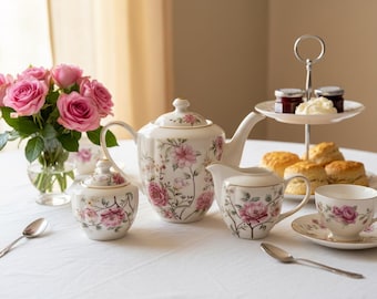 Servizio da tè in porcellana Grace Teaware Camellia Hydrangea – con finiture dorate, teiera, lattiera e zuccheriera.