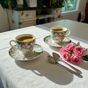 May include: Two porcelain teacups filled with coffee, each resting on a matching saucer. The cups and saucers feature a white base with pink rose patterns, blue borders, and gold trim. Two silver spoons and a cluster of fresh pink roses are nearby.