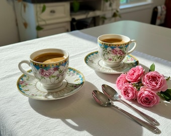 Grace Teaware Fine Porcelain Set of 2 Espresso Cups and Saucers | Rose Trellis | Boxed Gift Set