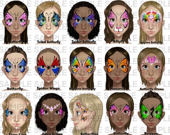 Face Painting Girl Butterfly board, Face paint design menu board, Designs for face painters, digital download girly design menu board