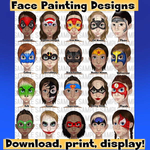 Tableau de menu de dessins de super-héros de peinture faciale sans IA utilisée - Accessoires de fête pour enfants à téléchargement numérique