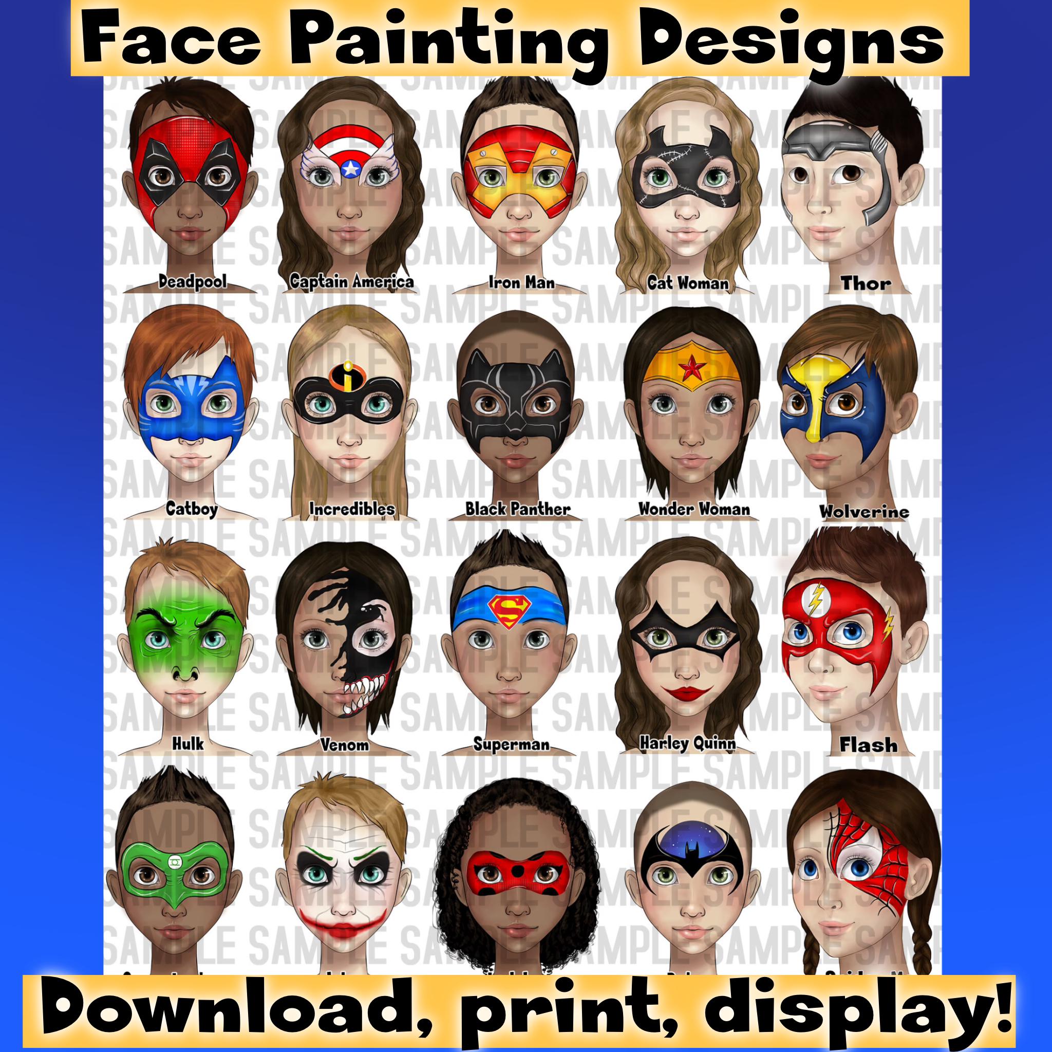 Tablero de menú con diseños de superhéroes para pintar caras - Descarga  digital - Artículos para fiestas infantiles - Etsy México, image size:2048x2048