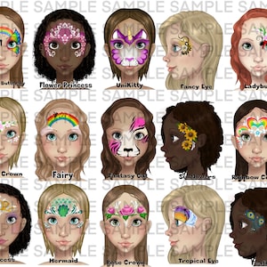 Face Painting Girl board, Face paint design menu board, Designs for face painters, digital download girly design menu board