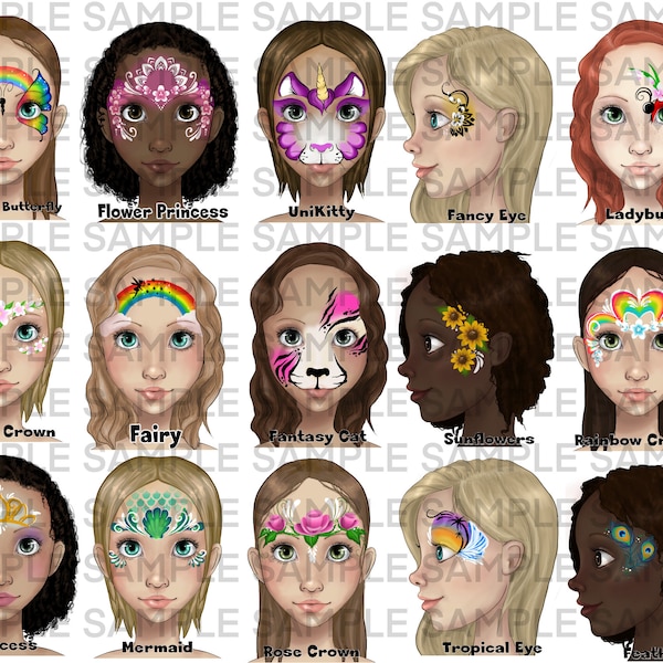 Face Painting Girl board, Face paint design menu board, Designs for face painters, digital download girly design menu board