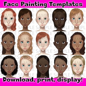May include: A set of 12 printable face painting templates featuring different skin tones and facial features. The templates are designed for use with face paint and can be used to create a variety of looks.