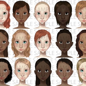 May include: A digital collage of 12 different cartoon faces with various skin tones and hair colors. Each face has a neutral expression and is looking directly at the viewer.