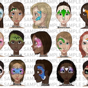 Gesichtsmalerei-Designtafel, Gesichtsfarben-Design-Menütafel, Designs für Gesichtsmaler, digitaler Download, Design-Menütafel, Vollgesichts-Designs