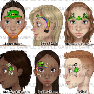 May include: Six different face painting designs for St. Patrick's Day. The designs include a leprechaun, a pot of gold, a shamrock princess, shamrock flowers, a lucky charm, and a tribal design.