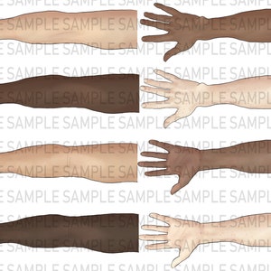 May include: Four pairs of arms, each with a different skin tone, are shown in a side view with the hand extended outward. The arms are all in the same pose, with the hand open and the fingers spread apart.