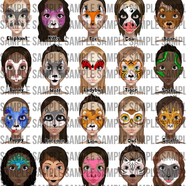 Face Painting animal board, Face paint design menu board, Designs for face painters, Zoo animal designs, full face design board, design menu