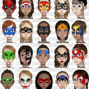 May include: A collection of face paint designs featuring various superhero and comic book characters. Designs include Deadpool, Captain America, Iron Man, Catwoman, Thor, Catboy, Incredibles, Black Panther, Wonder Woman, and Wolverine.