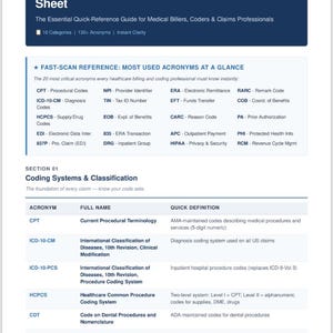 Puede incluir: Una hoja de referencia blanca titulada Healthcare Billing & Coding Acronym Cheat Sheet. Presenta un encabezado azul oscuro, una sección de escaneo rápido con 20 acrónimos comunes y una tabla que enumera sistemas como CPT, ICD-10-CM y DSM-5.