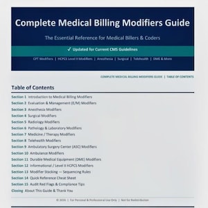 May include: A white document titled Complete Medical Billing Modifiers Guide with a dark blue header. It lists fifteen sections including E/M, Anesthesia, Surgical, Radiology, and Telehealth modifiers, plus a cheat sheet and compliance tips.