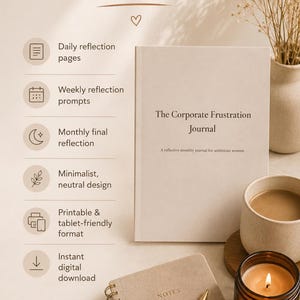 Puede incluir: Un diario de color beige titulado The Corporate Frustration Journal con una lista de características que incluyen páginas de reflexión diaria, avisos semanales, reflexión mensual y opciones de descarga digital, junto a un cuaderno.