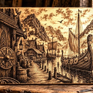 Könnte beinhalten: Eine rechteckige Holzplatte mit einer detaillierten Brandmalerei-Szene eines Wikingerhafens. Das Kunstwerk zeigt ein Langschiff an einem Holzsteg, traditionelle Holzhäuser, gestapelte Fässer, einen runden Schild und Berggipfel im Hintergrund.
