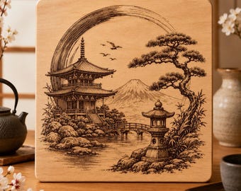 Japanese Temple SVG PNG | Mount Fuji Garden Laser Engraving File