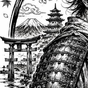 High-resolution black and white Japanese ronin samurai laser engraving PNG with katana, scroll calligraphy, cherry blossoms, Mount Fuji, pagoda, and torii gate.