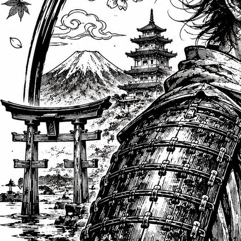 High-resolution black and white Japanese ronin samurai laser engraving PNG with katana, scroll calligraphy, cherry blossoms, Mount Fuji, pagoda, and torii gate.