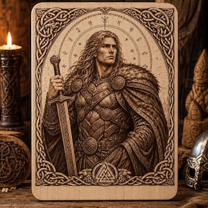 May include: A wooden plaque featuring a detailed engraving of a Viking warrior holding a sword. The artwork is framed by a Celtic knot border and includes Viking symbols. The warrior is depicted with long hair and a fur cloak, exuding strength and valor.