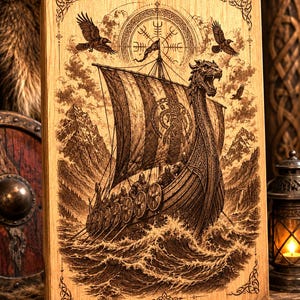 May include: Wooden wall art featuring a detailed engraving of a Viking longship sailing through rough waters. The artwork includes ravens, mountains, and Norse symbols, all rendered in shades of brown. The piece has a rustic, aged appearance.