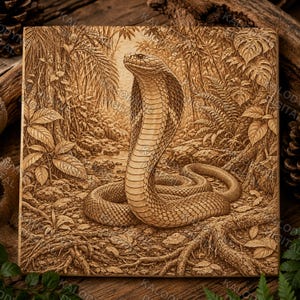 May include: A square wooden plaque featuring a detailed laser-engraved illustration of a cobra with its hood flared. The snake is positioned in a dense jungle environment with visible tree roots, rocks, and various tropical foliage plants.