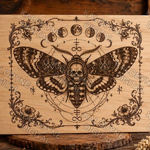 May include: A rectangular light-colored wooden plaque featuring a dark laser-engraved design of a moth with a skull on its thorax. The artwork includes a lunar cycle, geometric lines, and floral borders. The text KALODYNE DIGITAL is overlaid.