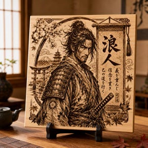 Japanese ronin samurai design engraved on a wood plaque with detailed armor, katana, scroll calligraphy, cherry blossoms, and Japanese-inspired background.