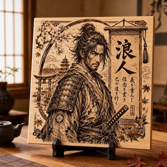 Japanese Warrior Ronin SVG PNG | Samurai Engraving File | Cherry Blossom Art