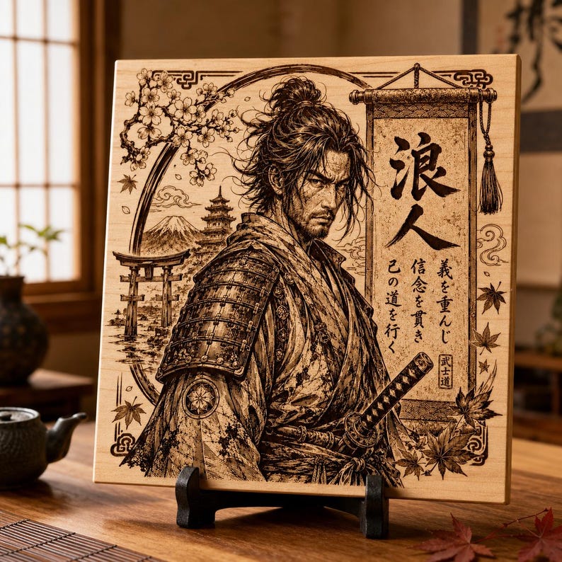 Japanese ronin samurai design engraved on a wood plaque with detailed armor, katana, scroll calligraphy, cherry blossoms, and Japanese-inspired background.