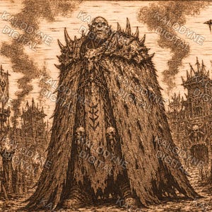 May include: A wood-burned art piece featuring a central orc figure wearing a heavy, spiked cloak adorned with skulls and chains. The background depicts a fortress with banners and towers. The text KALODYNE DIGITAL is overlaid across the image.