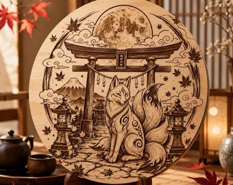 Kitsune Shrine Moonlight SVG PNG | Fox Spirit Artwork for Laser Engraving