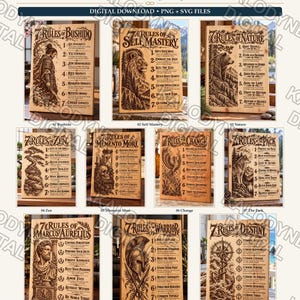 May include: A digital download collection featuring ten wood-engraved designs titled Wisdom Engraved. Each rectangular panel displays seven rules with thematic illustrations including a warrior, lion, bear, tree, skull, phoenix, wolf, bust, helmet, and compass.