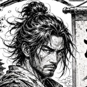 Closeup of detailed ronin samurai face and hair linework showing high-contrast black and white engraving detail for laser projects.