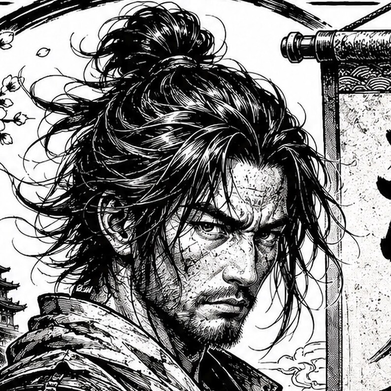Closeup of detailed ronin samurai face and hair linework showing high-contrast black and white engraving detail for laser projects.