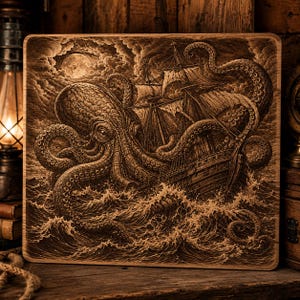 Può includere: Targa in legno con un'incisione dettagliata di un kraken che attacca una nave in mare. L'opera d'arte è in tonalità seppia, con i tentacoli del polpo avvolti attorno alla nave. Lo sfondo include una luna piena e nuvole tempestose.