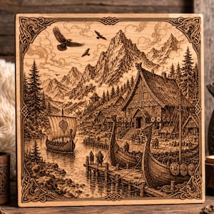 May include: A wooden square art piece with a detailed Viking village scene. The artwork features longboats, a large hall, mountains, and soaring birds. The border has an intricate knotwork design, and the piece is made of light-colored wood.