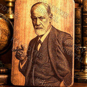 May include: A rectangular wooden plaque featuring a laser-engraved portrait of Sigmund Freud. The image depicts a man with a beard, wearing a suit and vest with a pocket watch chain, holding a cigar. The text KALODYNE DIGITAL is overlaid.