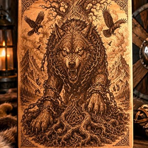 May include: A wooden plaque featuring a detailed engraving of a snarling wolf, chained and surrounded by eagles, mountains, and a tree. The artwork is in shades of brown, with intricate details and a rustic aesthetic. The design has a Viking theme.