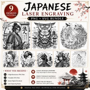 Può includere: Un pacchetto di download digitale con nove disegni di incisione laser giapponesi in formati PNG e SVG. I disegni includono samurai, maschere e scene tradizionali giapponesi. Il testo include "Japanese Laser Engraving" e "9 Designs Included."