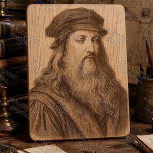May include: A rectangular wooden plaque featuring a detailed laser-engraved portrait of Leonardo da Vinci. The artwork depicts a man with a long beard and a cap, rendered in fine brown lines on a light wood grain surface with a smooth finish.