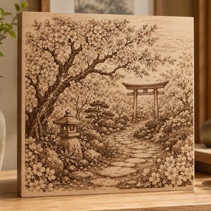May include: A wooden square art piece featuring a detailed laser-etched Japanese garden scene. The artwork depicts a stone path leading to a torii gate, with cherry blossom trees, a stone lantern, and surrounding foliage. The piece is in shades of brown.