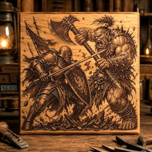May include: A wooden plaque featuring a detailed engraving of a knight in armor battling a large orc. The knight wields a sword and shield, while the orc brandishes a large axe. The artwork is in shades of brown and tan.