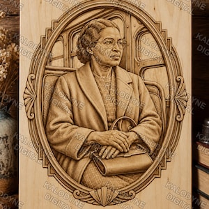 May include: A rectangular light-colored wooden plaque featuring a laser-engraved portrait of Rosa Parks seated on a bus. The portrait is framed within an ornate oval border with decorative elements at the top and bottom, showcasing detailed textures.