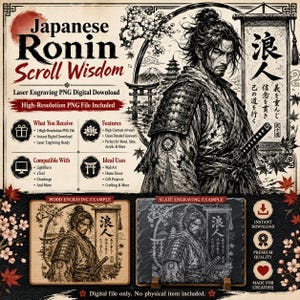 Japanese Ronin Scroll Wisdom laser engraving digital download preview showing PNG file features, wood engraving example, slate engraving example, and compatible laser software.