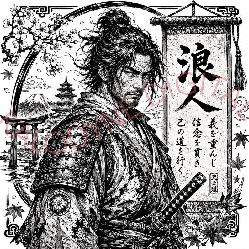 High-resolution black and white Japanese ronin samurai laser engraving PNG with katana, scroll calligraphy, cherry blossoms, Mount Fuji, pagoda, and torii gate.