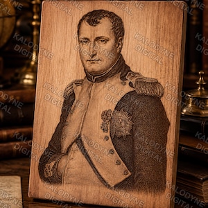 May include: A rectangular wooden plaque featuring a laser-engraved portrait of Napoleon Bonaparte in his military uniform. The engraving shows him in a high-collared coat with epaulettes, a sash, and a prominent medal pinned to his chest.